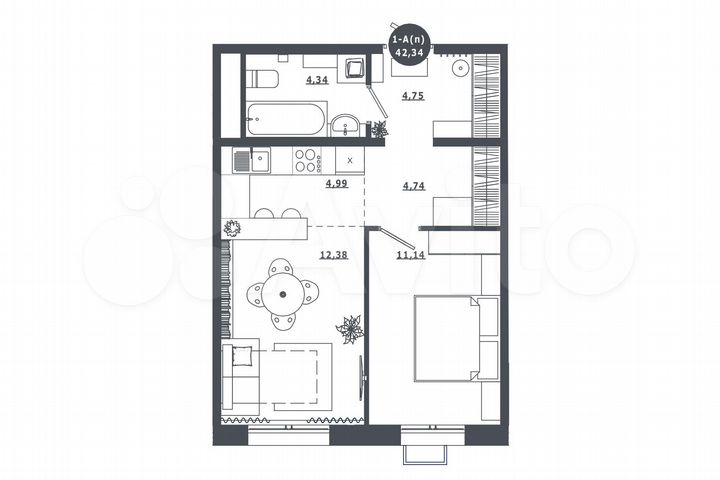 1-к. квартира, 42,3 м², 4/16 эт.