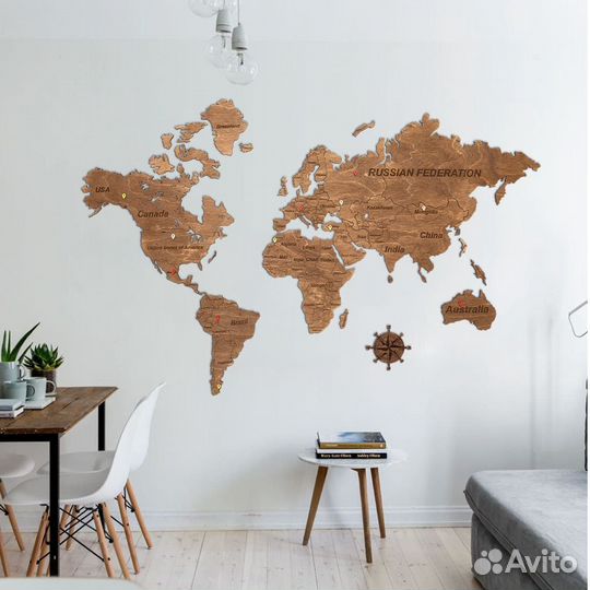 Карта мира из дерева «Brown» 90x54