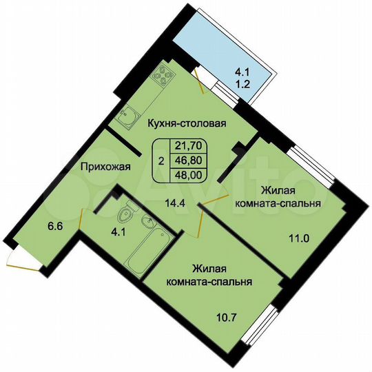 2-к. квартира, 48 м², 2/8 эт.