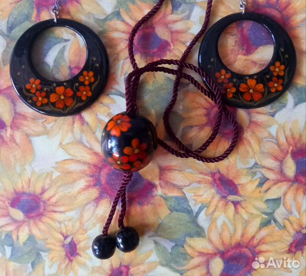 Ожерелье и серьги Из дерева расписной Русская Крас