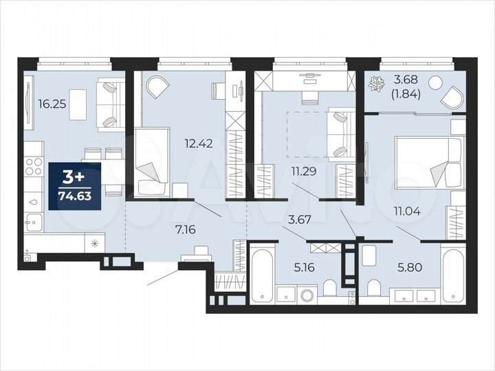 3-к. квартира, 74,6 м², 5/21 эт.