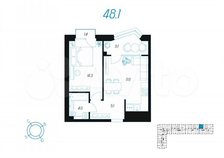 1-к. квартира, 48,1 м², 12/24 эт.