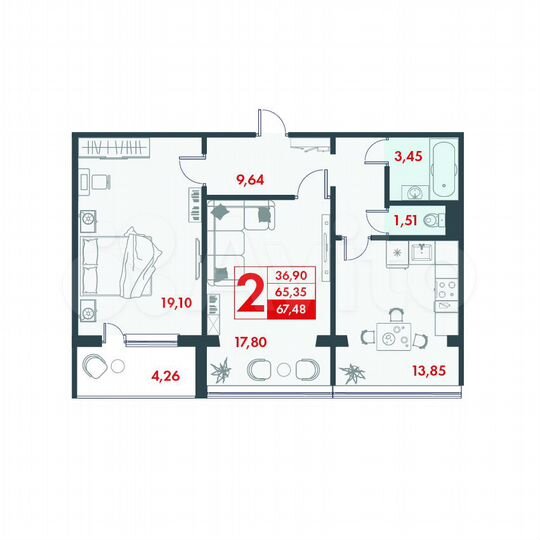 2-к. квартира, 67,5 м², 2/10 эт.