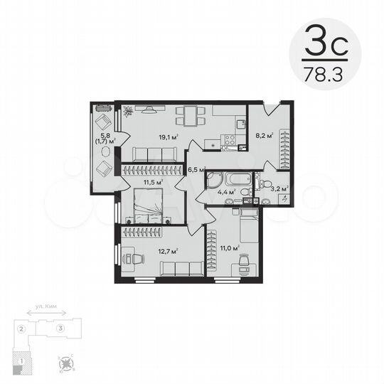3-к. квартира, 78,3 м², 5/8 эт.