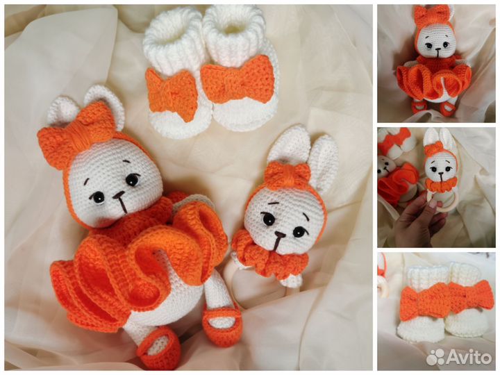 Вязаный набор игрушка погремушка пинетки ручная
