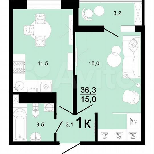 1-к. квартира, 36,3 м², 7/8 эт.