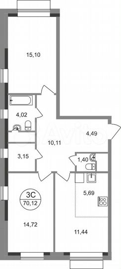 3-к. квартира, 70,1 м², 3/22 эт.