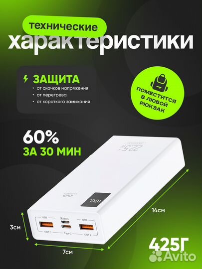 Повербанк 20000 с быстрой зарядкой для телефона по