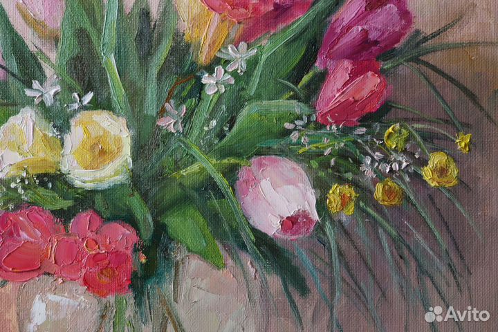 Картина маслом Цветы Тюльпаны 35х40см холст картон