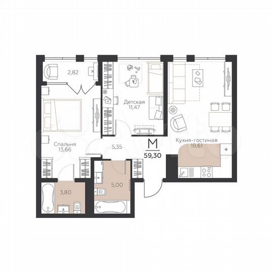 3-к. квартира, 59,3 м², 3/5 эт.