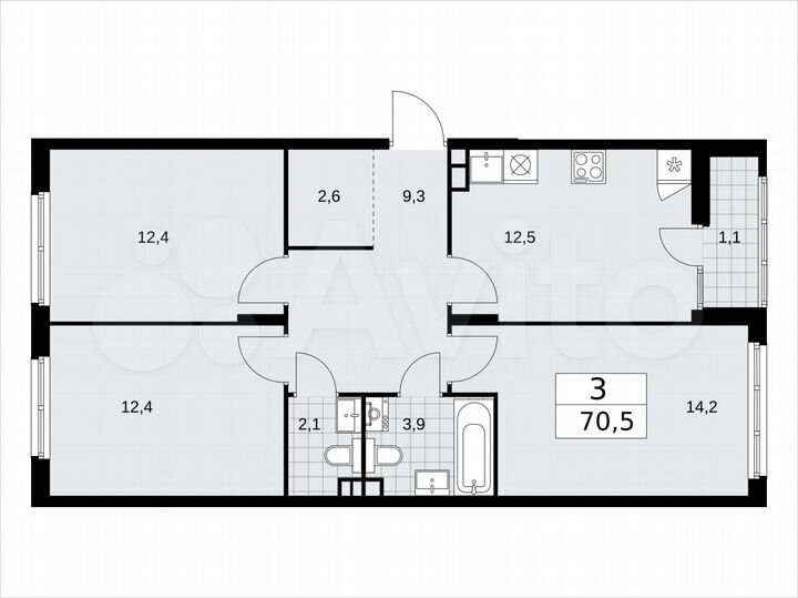 3-к. квартира, 70,5 м², 3/15 эт.