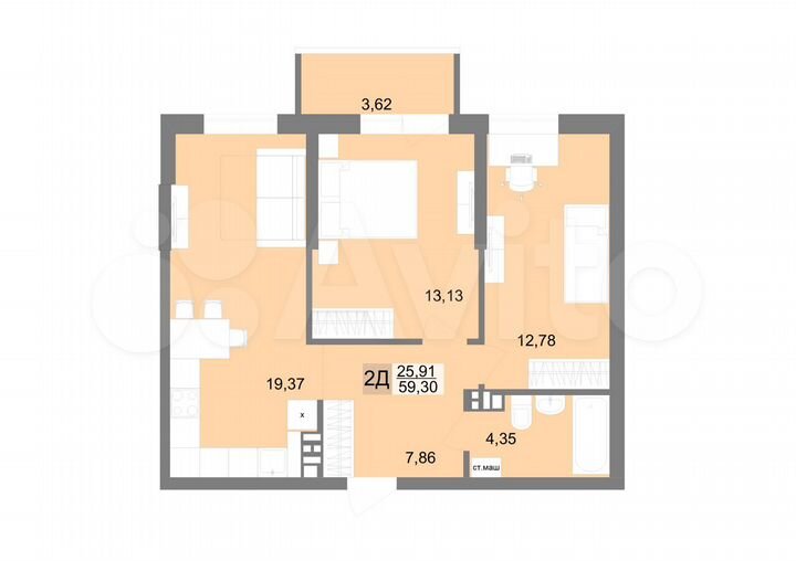 2-к. квартира, 59,3 м², 14/19 эт.