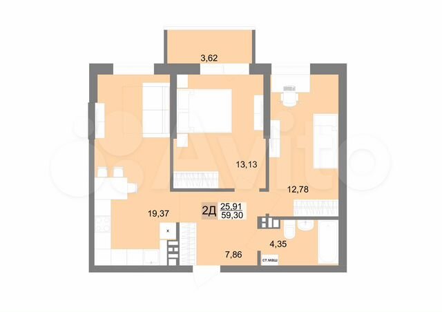 2-к. квартира, 59,3 м², 14/19 эт.