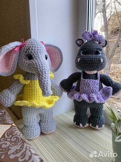 Слон и бегемот игрушки плюшевые