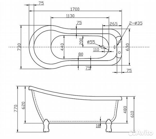 Ванна BelBagno BB20-1700 фурнитура золото