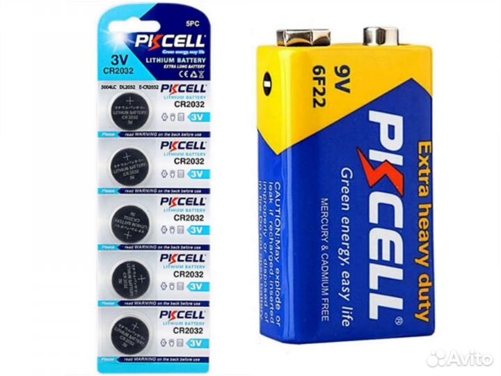 Батарейки pkcell CR2032 3V Таблетка; 6F22 9V Крона