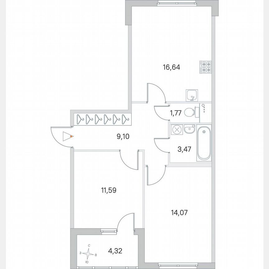 2-к. квартира, 58,8 м², 1/4 эт.