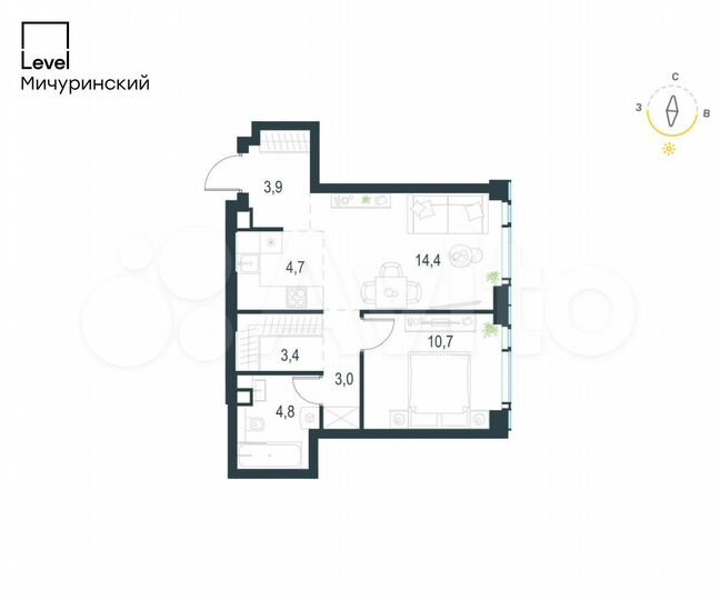 2-к. квартира, 44,9 м², 14/30 эт.