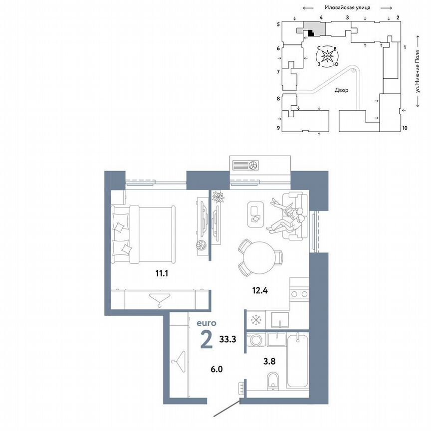 1-к. квартира, 33,3 м², 2/12 эт.