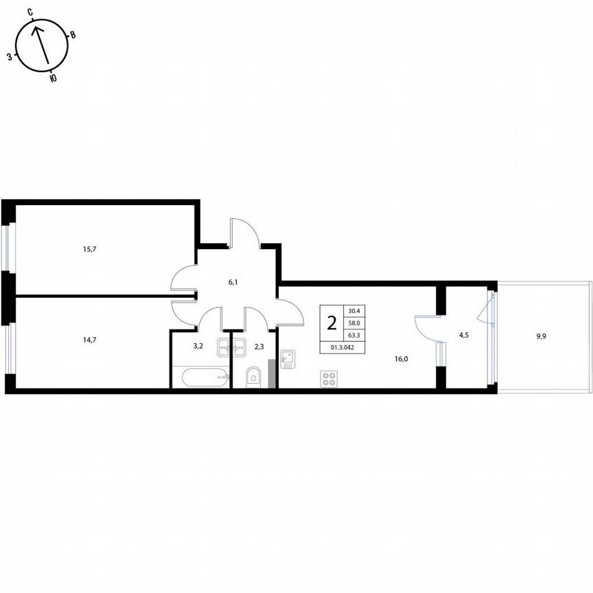 2-к. квартира, 63,3 м², 1/3 эт.