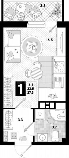 Квартира-студия, 27,3 м², 9/16 эт.