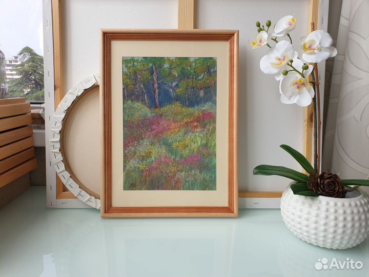 Картина лесной пейзаж поляна цветов 27х19см рама