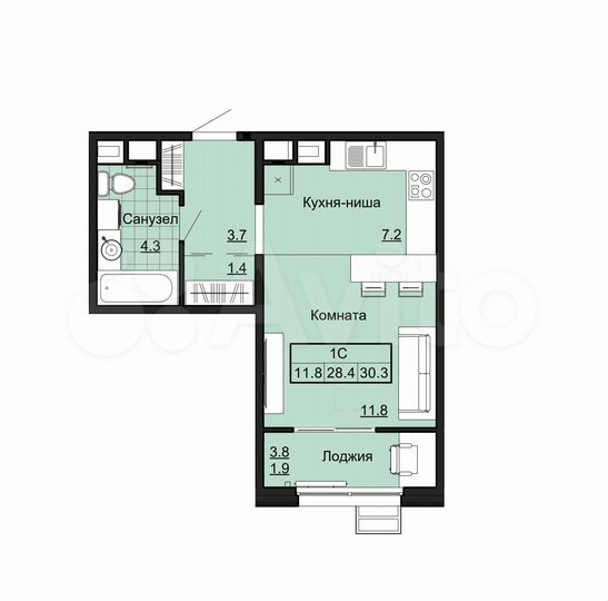 Квартира-студия, 30,3 м², 2/12 эт.
