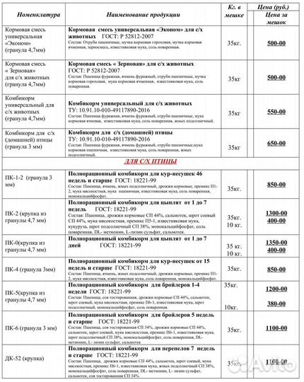 Комбикорм для кур, бройлеров,с/х птицы, с/х животн