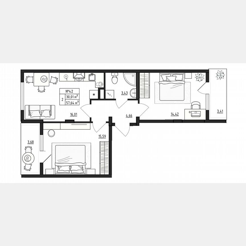 2-к. квартира, 57,6 м², 4/4 эт.