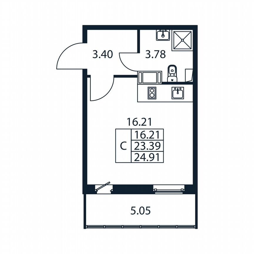 Квартира-студия, 24,9 м², 4/12 эт.