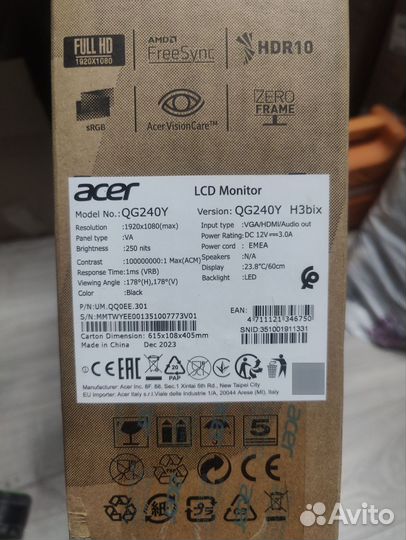 Новый монитор Acer Nitro QG240YH3bix 100 Гц