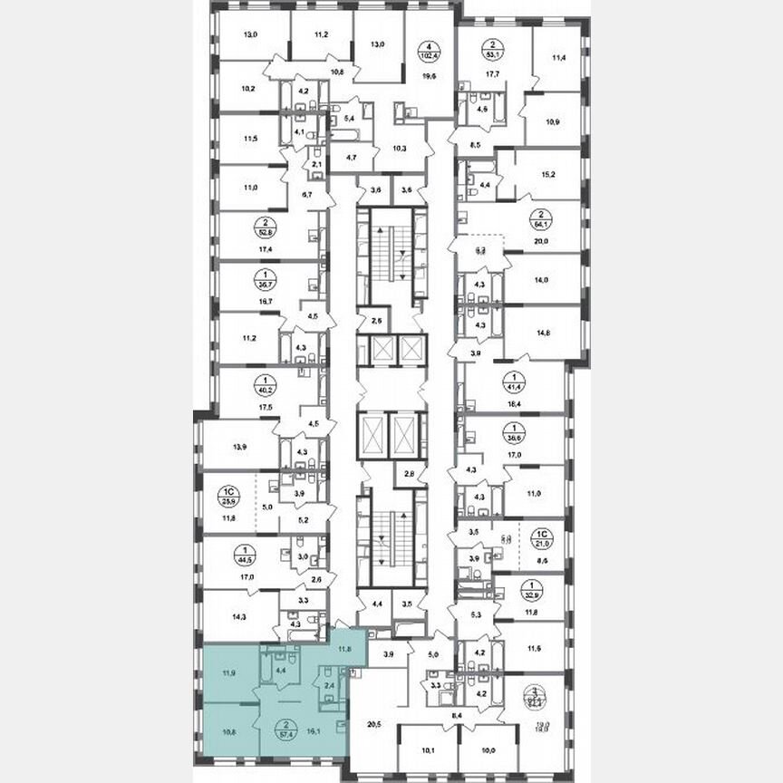 2-к. квартира, 57,4 м², 12/20 эт.