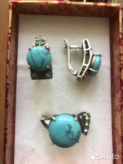 Серебряные серьги и кольцо с бирюзой