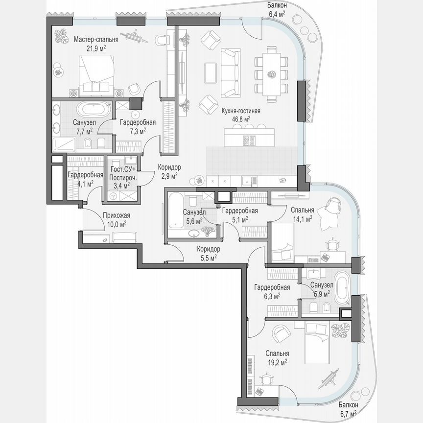 3-к. квартира, 180,5 м², 3/14 эт.