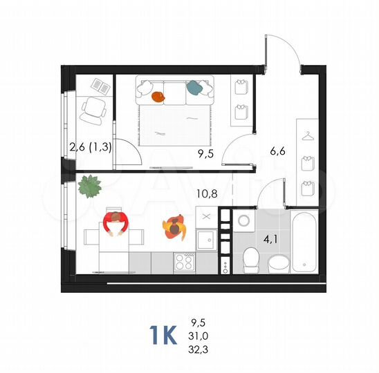 1-к. квартира, 32,3 м², 6/6 эт.