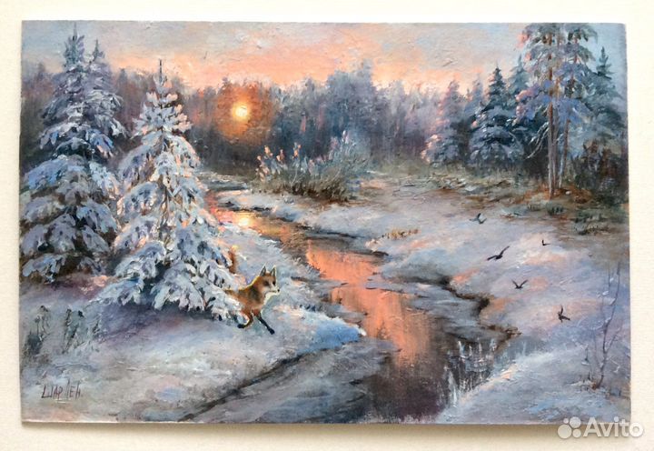 Картина маслом Спугнула, зимний пейзаж