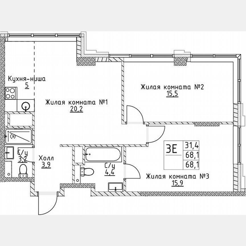 2-к. квартира, 68,1 м², 10/19 эт.