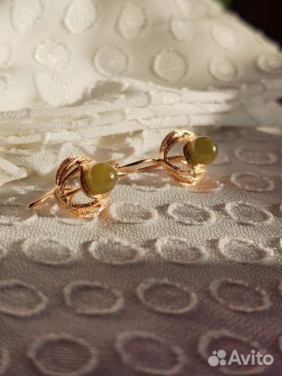 Золотые серьги Орбиты с нефритом 583 СССР