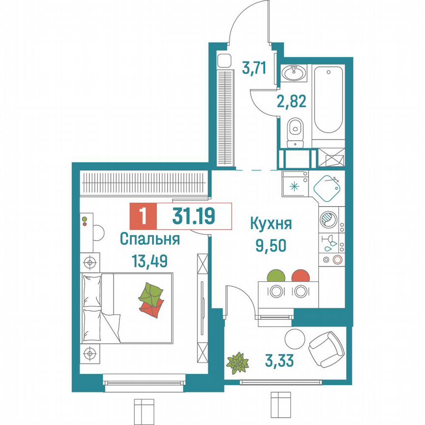 1-к. квартира, 31,2 м², 17/18 эт.