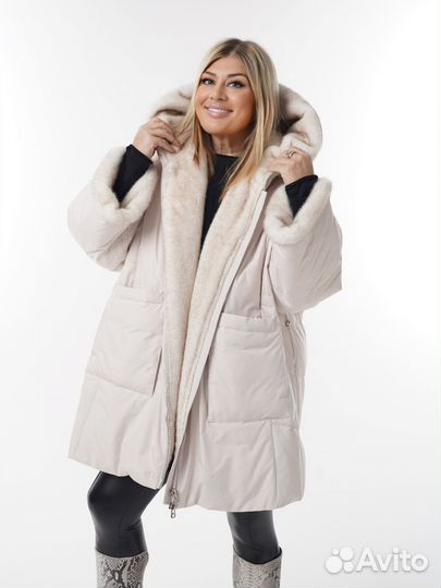 Шикарная парка с мехом эко норки до 66 размера