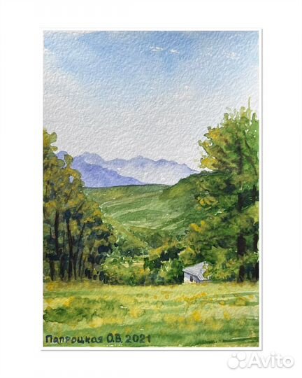 Картина пейзаж акварелью домик в горах