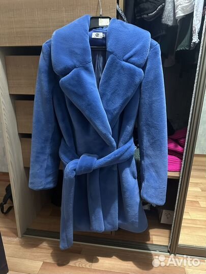 Шуба экомех голубая