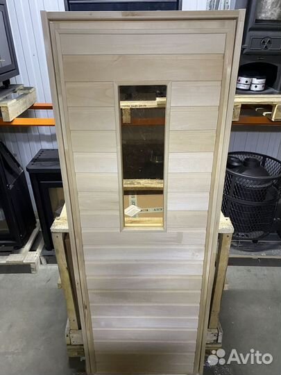 Дверь для Бани липа прямоугольное стекло (коробка