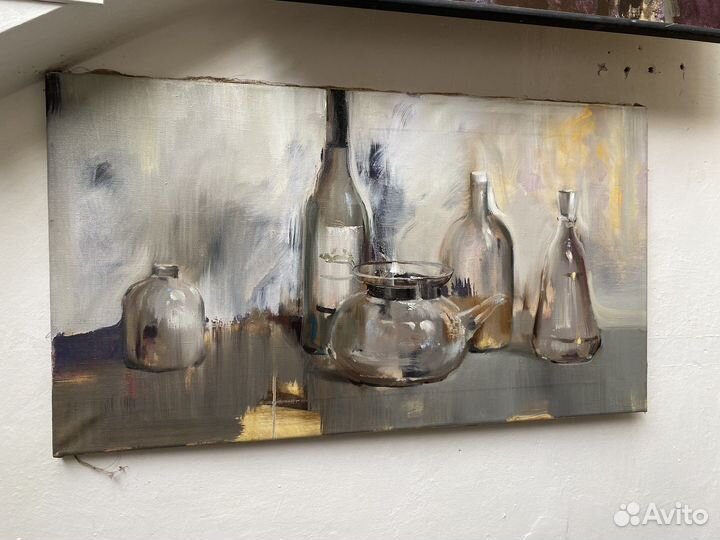 Картина маслом натюрморт 90х50см стеклянный