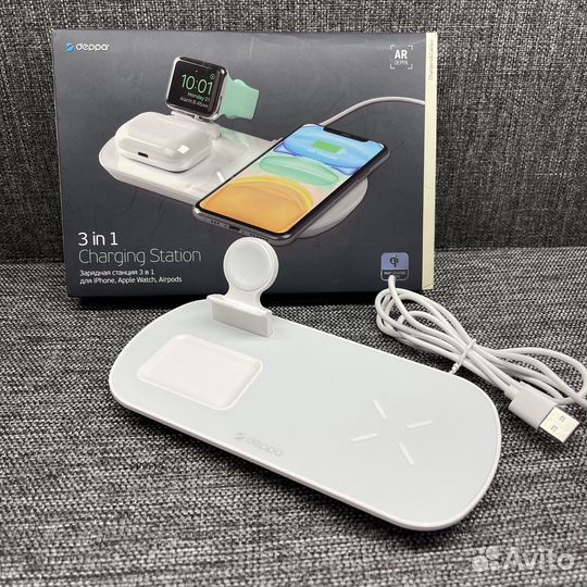 Зарядка Deppa 3в1 для iPhone Apple Watch AirPods
