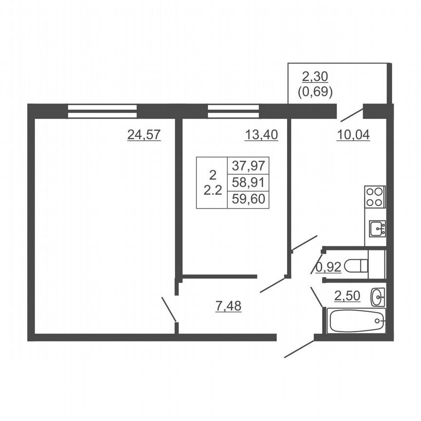 2-к. квартира, 59,6 м², 6/16 эт.