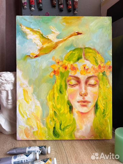 Картина маслом портрет девушка цветы лебедь