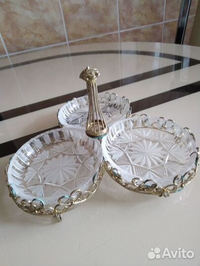 Винтаж,менажница,хрусталь в ажурном мельхиоре,СССР