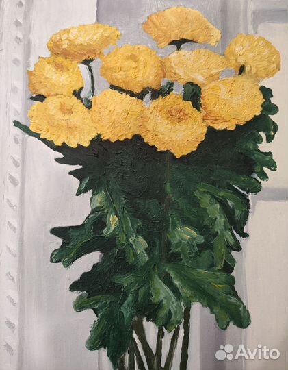 Картина маслом. Холст на картоне. Букет хризантем