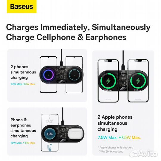 Беспроводная зарядка Baseus 2 в 1 15W
